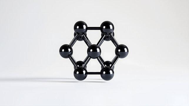 3D model of a black molecular structure on a white background.