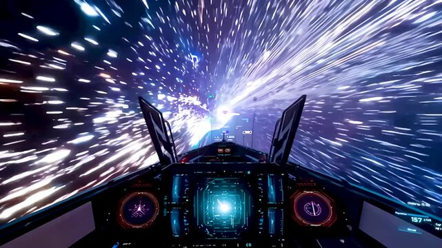 時空をワープ移動するイメージの宇宙船のコクピットからの景色
