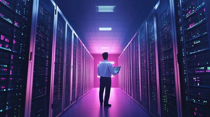 An engineer involved in a data science project, with servers and cloud computing resources supporting massive datasets.