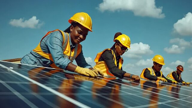 A group of Kenyan engineers work together to install solar panels. To promote green energy
