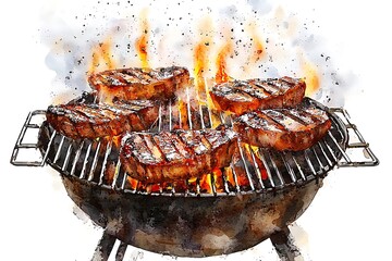 Watercolor illustration of steaks grilling on a barbecue grill.