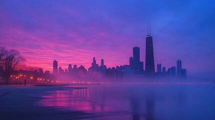 Obraz premium Chicago Skyline at Sunset with Fog and Pink Sky