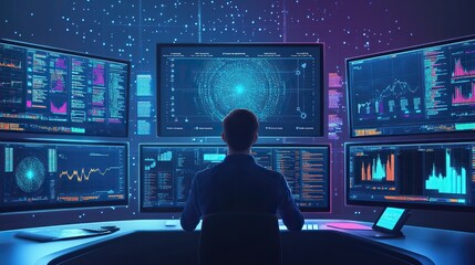 An engineer training a machine learning model, with multiple screens displaying data inputs, algorithms, and performance metrics.
