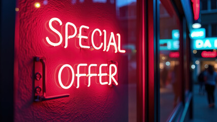 Neon-lit advertising sign displaying a Special Offer in a bustling urban street at night, glowing brightly against the dark sky