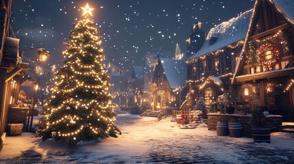 Obraz premium Christmas tree in a fantasy christmas village landscape, snowy xmas town vibe background wallpaper