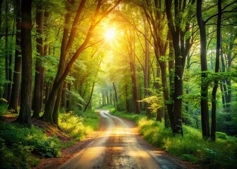 Fototapeta premium Serene Dirt Road Winding Through a Lush Green Forest Canopy with Soft Bokeh Effect for Seamless Looping 4K Video Animation of a Tranquil Nature Setting