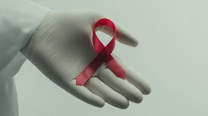 AID red ribbon in hand on a white background, a symbol of the fight against HIV, AIDS and cancer. concept of helping those in need.