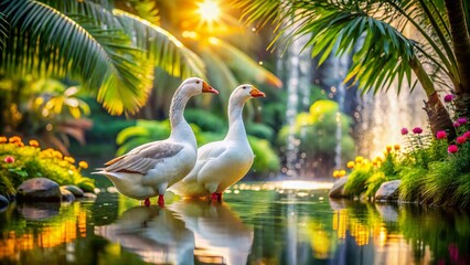 Obraz premium Serene Moment: African Geese Cleaning Feathers in a Lush Garden by the Pond Under Coconut Trees - Captivating Bokeh Effect Captures Nature's Tranquility