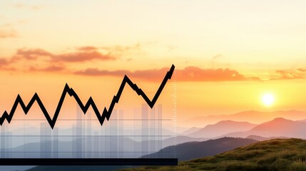 A rising graph against a beautiful sunset, symbolizing growth and success in business with mountains in the background.