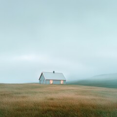 Solitude's Embrace: A lone farmhouse stands serenely amidst a vast, rolling field under a soft, misty sky. The quiet glow from its windows evokes a sense of peace and tranquility.