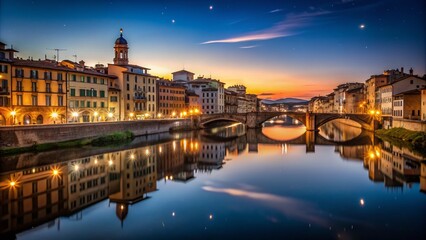 Fototapeta premium Serene Nightscape of Florence: A Minimalist Perspective on Iconic Architecture and Tranquil Streets Illuminated by City Lights and Starry Skies, Capturing the Essence of Firenze After Dark