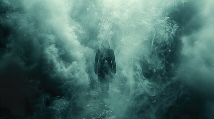 Mysterious Figure in a Foggy Landscape: A Surreal and Eerie Artwork