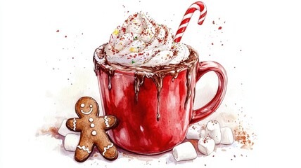 Set of Hot cocoa chocolate with Gingerbread,glass of milk,christmas elements,watercolor clipart,sweet holiday card,Christmas menu,morning,season greeting,xmas and New Year.