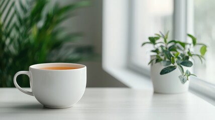 A serene scene featuring a white cup of tea beside a small potted plant on a table, with natural light illuminating the peaceful setting.