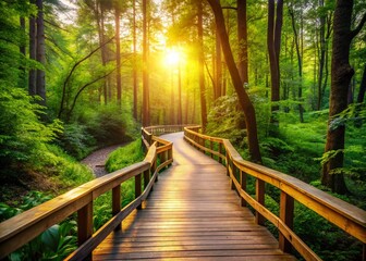 Obraz premium Serene Portrait of a Realistic Wooden Walkway Surrounded by Lush Greenery and Soft Ambient Light, Ideal for Nature and Tranquility Themed Projects or Promotions
