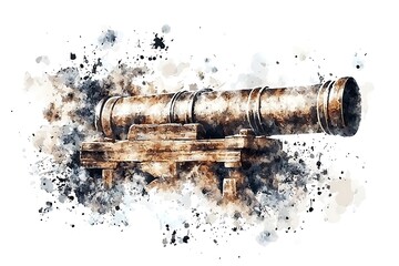 Watercolor Cannon with Splashes, Vintage Military Weapon, Historical Art.