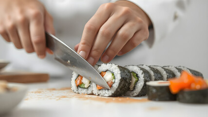 cuts the roll closeup on a wooden board.
