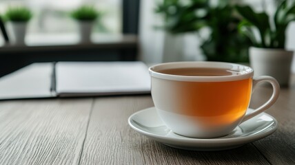 Obraz premium A cozy cup of tea rests on a wooden table, surrounded by greenery, exuding tranquility and warmth in a serene indoor setting.