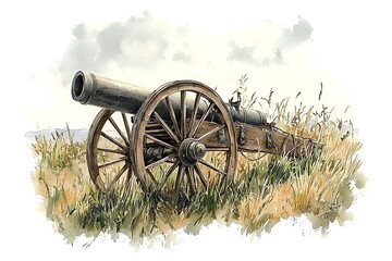 Watercolor Painting of a Vintage Cannon in a Field.
