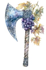 Obraz premium Watercolor Illustration of a Hand-Painted Axe with Grapes and Vines.
