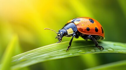 Fototapeta premium Vibrant Ladybug on Green Blade of Grass