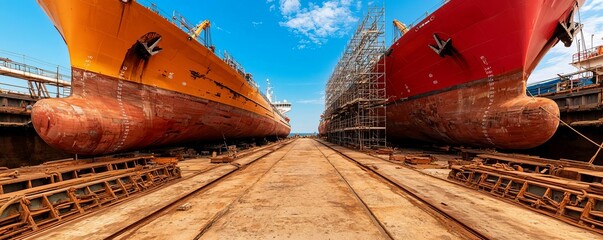 Expansive dry dock area with large ocean vessels under repair, blue sky, detailed scaffolding, organized equipment layout, clean and professional workspace