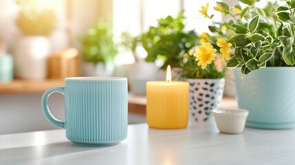 Cozy hygge and furniture concept. A cozy setup featuring a blue mug, a lit candle, and vibrant plants, creating a warm and inviting atmosphere in a bright space.