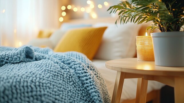 Cozy hygge and furniture concept. A cozy bedroom scene featuring soft blankets, decorative pillows, and warm lighting, creating a serene and inviting atmosphere.