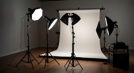 Studio Lighting Equipment Setup with Softbox Lights and Reflectors on a Plain Background for Filmmaking