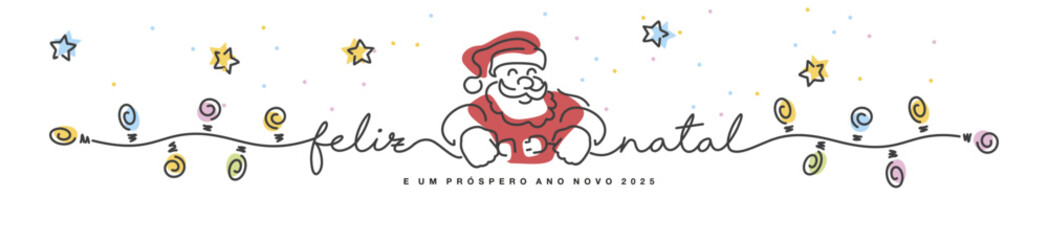 Merry Christmas and Happy new year 2025 Spanish language line design handwritten lettering typography, stars and snowflakes confetti with Santa Claus turns on the colorful Christmas lights