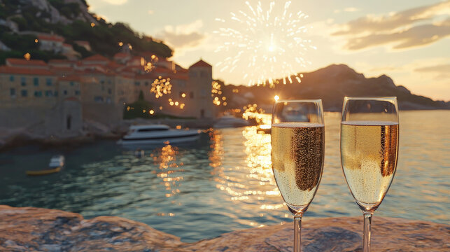 Champagne glasses clinking by water, city skyline, and fireworks create festive atmosphere. Celebrate special moments with elegance and joy