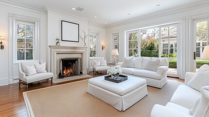 Cozy hygge and furniture concept. A bright, elegant living room featuring white furniture, a cozy fireplace, and large windows that provide ample natural light.