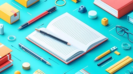 An open notebook with a pen and pencil resting on top surrounded by various stationery items against a clean solid colored background creating a simple and organized workspace ideal for writing