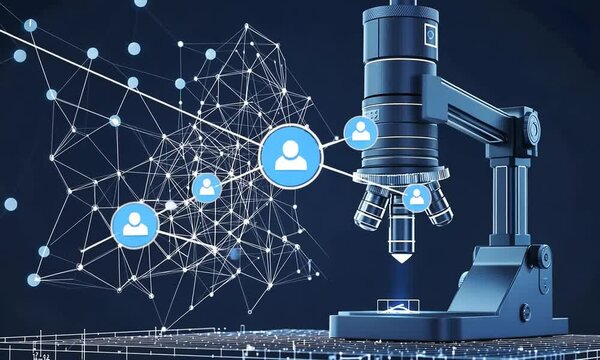 Futuristic microscope with glowing blue light on a black background with a network of dots and lines.