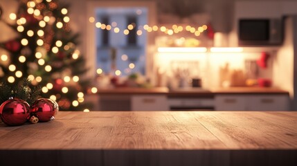 Festive kitchen countertop with wooden surface in focus, blurred background of Christmas decorations, twinkling lights, and cozy holiday ambiance.