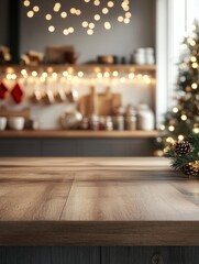 Festive kitchen countertop with wooden surface in focus, blurred background of Christmas decorations, twinkling lights, and cozy holiday ambiance.