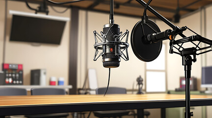 Boom Microphone Suspended Overhead with Sound Mixer Board in the Background, on a Minimal Studio Table