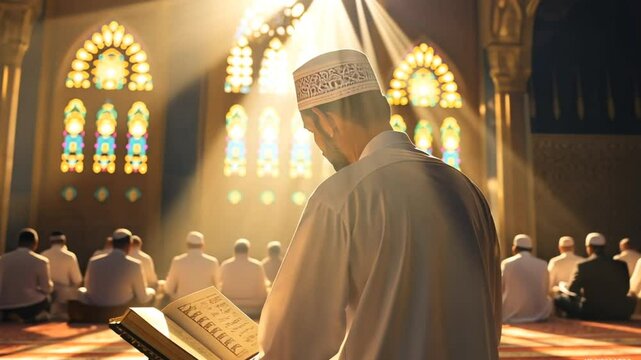 Religious muslim man praying inside the mosque. Generative AI