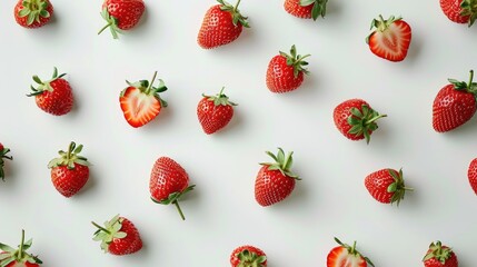 A background of ripe juicy strawberries among green leaves on a white background. A sweet healthy snack.