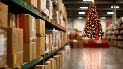 Warehouse with stacked boxes and a decorated Christmas tree, symbolizing holiday preparation and logistics.