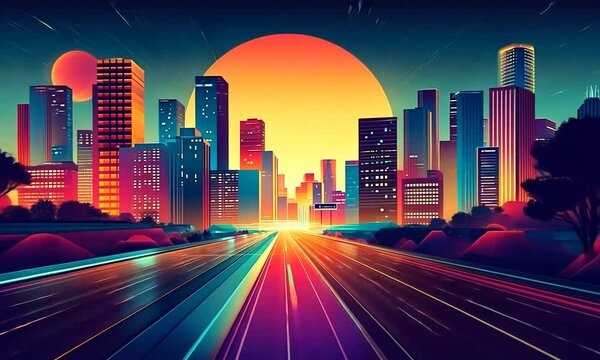 Neon city skyline with vibrant sun and colorful road.