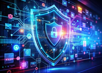 Obraz premium Silhouette of a Cybersecurity Shield Protecting Data in a Digital Landscape - Illustrating Online Security and Information Protection for Cyber Safety Content