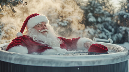 A relaxed Santa enjoying the warmth of a hot tub in a snowy environment with steam rising around him and his hat on a nearby