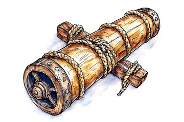 Watercolor Illustration of a Wooden Cannon with Rope and a White Background.