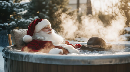 Santa Unwinds in Snowy Hot Tub Bliss with steam rising