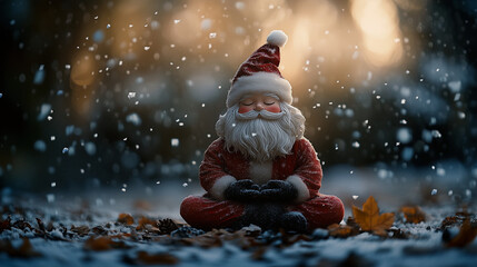 Santa is found in a peaceful moment sitting in a lotus position with his eyes closed surrounded by softly falling snow.