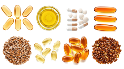 Varied Dietary Supplements and Oils on Clear Background Generative AI
