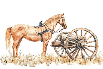 Fototapeta premium Watercolor Illustration of a Horse and Cannon Wheel.