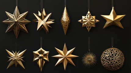 Golden decorative star ornaments png set