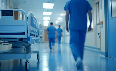 Hospital corridor with medical staff in white uniforms, symbolizing healthcare and a sterile environment.